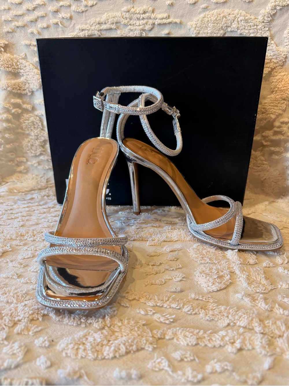INC International Concepts Silver Crystal Embellished Stiletto Sandals 672